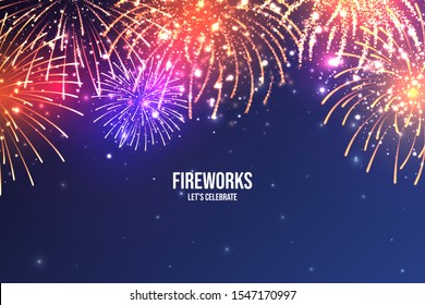 Festive fireworks. Realistic colorful firework on blue abstract background. Multicolored explosion. Christmas or New Year greeting card. Diwali festival of lights. Vector illustration.