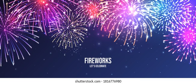 Festive fireworks. Realistic colorful firework. Christmas or New Year greeting card. Diwali festival of lights. Vector illustration.