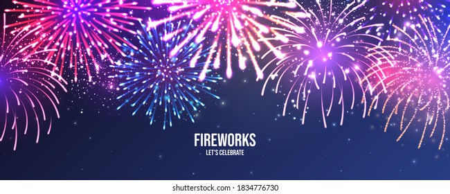 Festive fireworks. Realistic colorful firework. Christmas or New Year greeting card. Diwali festival of lights. Vector illustration.