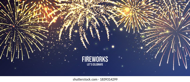 Festive fireworks. Realistic colorful firework. Christmas or New Year greeting card. Diwali festival of lights. Vector illustration.