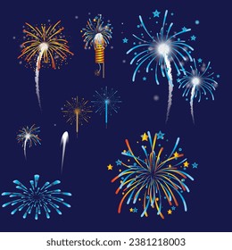 Festive fireworks. Realistic colorful firework. Diwali festival of lights. Vector illustration. Festival fireworks at sky background.