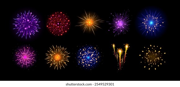 Festive fireworks. Realistic sparkling firework in dark sky. Colorful shimmering explosions 3d salute. New Year, Christmas and Independence day elements. Vector set.