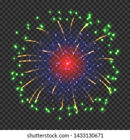 Festive fireworks with red and green shining sparks. Colorful pyrotechnics vector element. Realistic fireworks celebration isolated on transparent background. Fantastic light performance in night sky.
