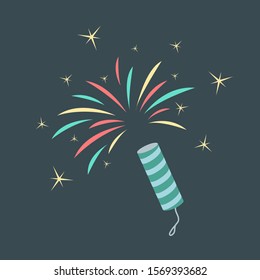 Festive fireworks with red and green sparks and yellow stars. Colorful sign of firecracker isolated on dark background. Happiness, joy symbol. Christmas and New Year design element. Flat style icon.