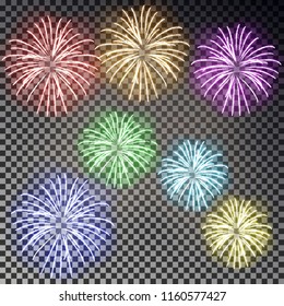 Festive fireworks set. Christmas firecracker light effect isolated on dark background. Firework decoration for New Year, Party, Birthday. Diwali salute. Vector illustration.