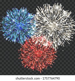 Festive fireworks set isolated on transparent background, vector illustration. Blue, red, white explosions, 4th of July celebration design. Independence Day firework colors.