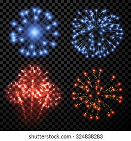 Festive fireworks set isolated on black background. Vector illustration.