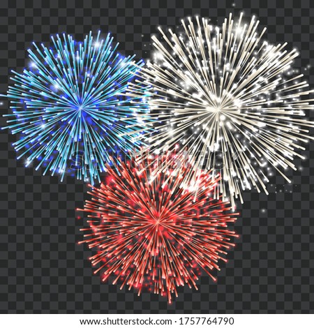 Festive fireworks set isolated on transparent background, vector illustration. Blue, red, white explosions, 4th of July celebration design. Independence Day firework colors.