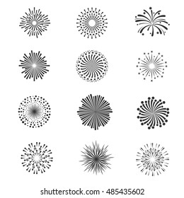 Festive fireworks, star explosion vector collection. Monochrome fireworks for celebration holiday illustration