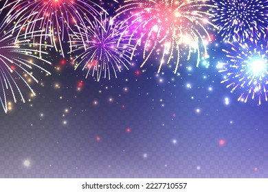 Festive fireworks with transparency effect. Colorful explosion with bright sparks. Christmas or New Year greeting card design element. Diwali festival of lights