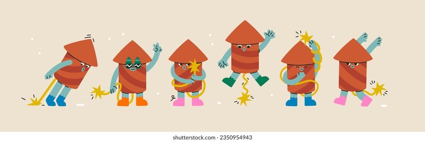 Festive Fireworks Vector Christmas Character Bundle. Cute sparkler in various poses and emotions like smiling, surprising, happy, dancing, slaying. New Year party concept. All items isolated