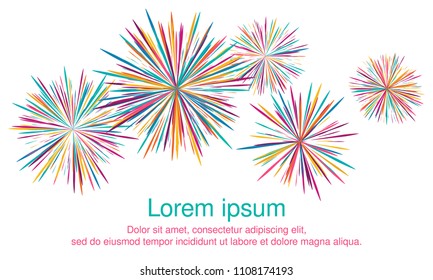 Festive fireworks vector illustration for holiday and celebration background design. Birthday, festa junina or 2019 new year fireworks explosion banner template in pink cyan blue yellow white.