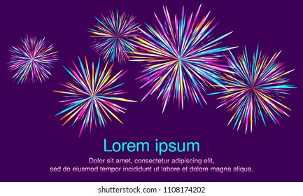 Festive fireworks vector illustration for holiday and celebration background design. Birthday, festa junina or 2019 new year fireworks explosion banner template in pink cyan blue and yellow.