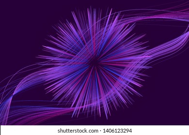 Festive fireworks vector illustration for holiday and celebration background design. Birthday, night party fireworks explosion banner template in purple violet blue. Curve lines flow.