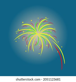 Festive fireworks. Vector object, flat design on a blue background.