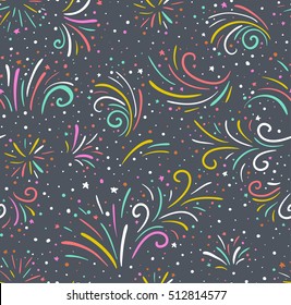 Festive fireworks vector seamless background. Bright holiday seamless pattern design for fabric or wrap paper.