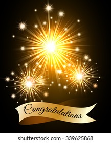 Festive fireworks with wording Congratulations on the golden ribbon. Free font used. 
