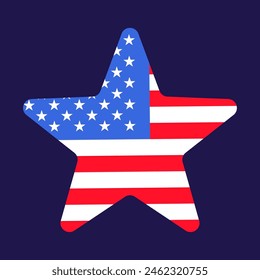 Festive five pointed star element in colors of USA flag, attributes of July 4th Independence Day. Flat vector icon in national colors of American flag on dark blue background