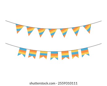 Festive flag banners vector illustration. Isolated colorful striped hanging flags party decoration. Cute design elements for Birthday and other celebrations, events, holidays.