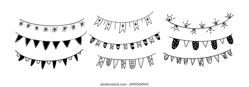 Festive flag bunting doodle icons collection in vector format. Rendered whimsical and decorative icons presence on white background