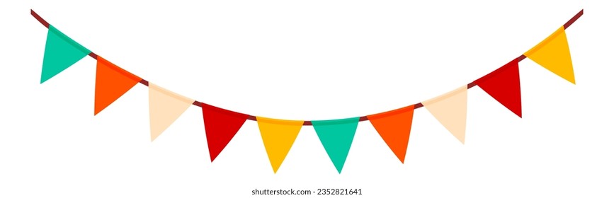 Festive flag garland vector illustration. Retro bunting in simple flat style, isolated on white background. Carnival, birthday, circus border decoration.