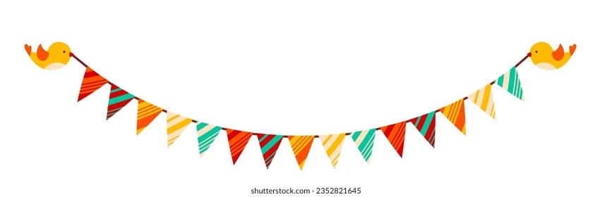 Festive flag garland vector illustration. Retro bunting in simple flat style with cute birds at the end, isolated on white background. Carnival, birthday, circus border decoration.