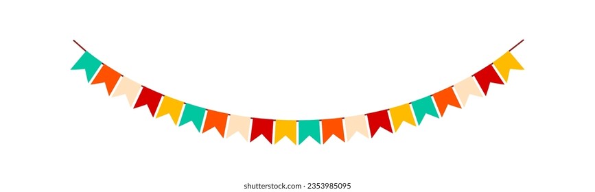 Festive flag garland vector illustration. Retro bunting in simple flat style, isolated on white background. Carnival, birthday, circus border decoration.