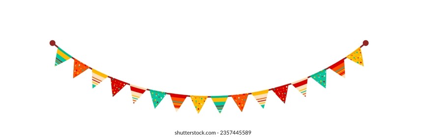 Festive flag garland vector illustration. Retro bunting in simple flat style, isolated on white background. Carnival, birthday, circus border decoration.