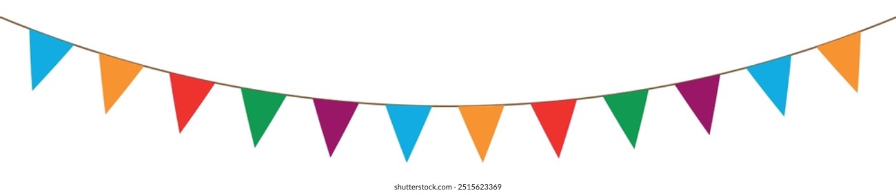 Festive flag garland vector illustration. bunting in simple flat style, isolated on transparent background. Carnival, birthday border decoration element.