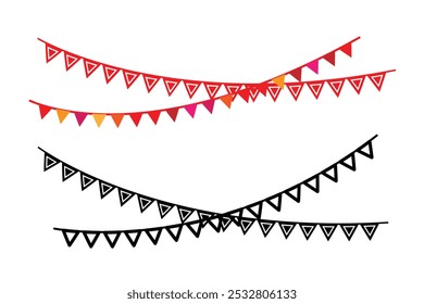 Festive flag garland vector illustration. Retro bunting in simple flat style, isolated on white background. Carnival, birthday, circus border decoration.