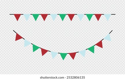 Festive flag garland vector illustration. Retro bunting in simple flat style, isolated on white background. Carnival, birthday, circus border decoration.