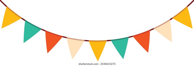 Festive flag garland vector illustration. Retro bunting in simple flat style, isolated on white background. Carnival, birthday, circus border decoration.