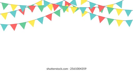 Festive flag garlands. Colored garlands of triangular flags. Carnival, birthday or party design decoration. Design of festive banner, greeting card. Vector illustration.