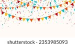 Festive flag garlands with confetti, streamer ribbons vector illustration. Triangle buntings, serpentine in simple flat style, on white background. Carnival, birthday, circus party design decoration.