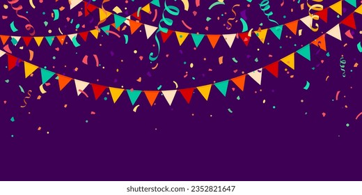 Festive flag garlands with confetti, streamer ribbons vector illustration. Triangle buntings, serpentine in simple flat style, on dark purple background. Carnival, birthday, circus party decoration.