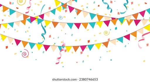 Festive flag garlands with confetti, streamer ribbons vector illustration.