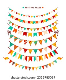 Festive flag garlands set vector illustration. Triangular buntings patterned dots, lines, in simple flat cartoon style, isolated on white background. Carnival, birthday, circus party decoration.