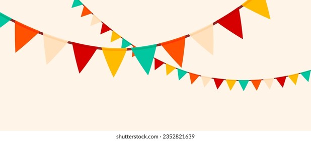 Festive flag garlands vector illustration. Triangle buntings in simple flat style, isolated on white background. Carnival, birthday, circus, anniversary party design decoration.