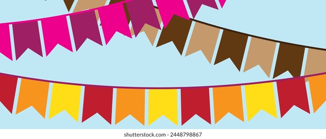 Festive flag garlands vector illustration. Triangle buntings in simple flat style, isolated on white background. Carnival, birthday, circus, anniversary party design decoration.