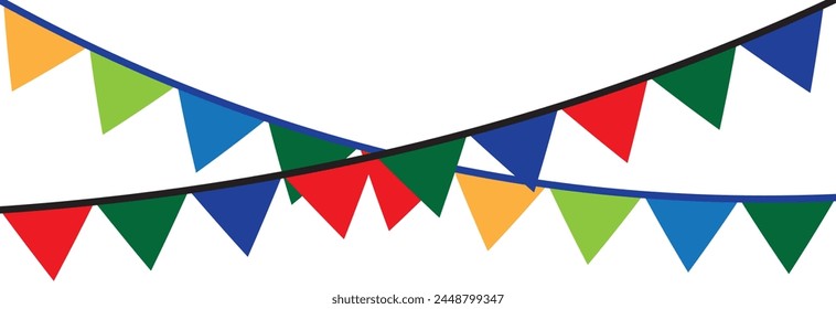 Ilustración vectorial de guirnaldas festivas. Banderas triangulares en estilo plano simple, aisladas sobre fondo blanco. Carnaval, cumpleaños, circo, decoración de diseño de fiesta de aniversario.