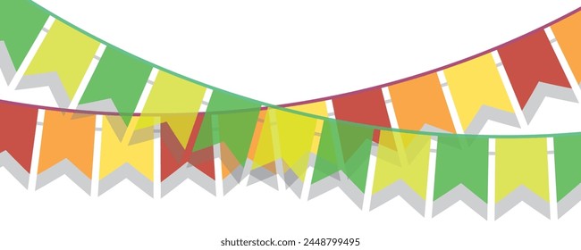 Festive flag garlands vector illustration. Triangle buntings in simple flat style, isolated on white background. Carnival, birthday, circus, anniversary party design decoration.