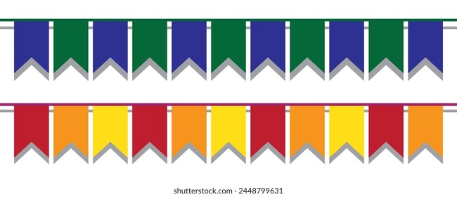 Festive flag garlands vector illustration. Triangle buntings in simple flat style, isolated on white background. Carnival, birthday, circus, anniversary party design decoration.