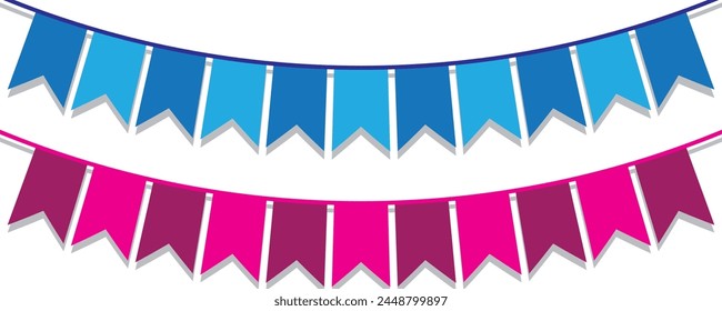 Festive flag garlands vector illustration. Triangle buntings in simple flat style, isolated on white background. Carnival, birthday, circus, anniversary party design decoration.