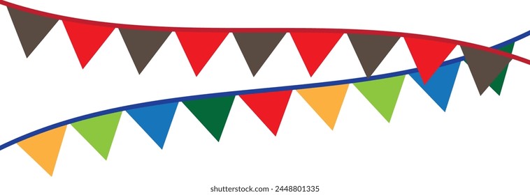 Festive flag garlands vector illustration. Triangle buntings in simple flat style, isolated on white background. Carnival, birthday, circus, anniversary party design decoration.