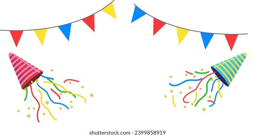 Festive flag garlands,party popper with colorful confetti and ribbons for carnival, birthday, anniversary. Vector illustration