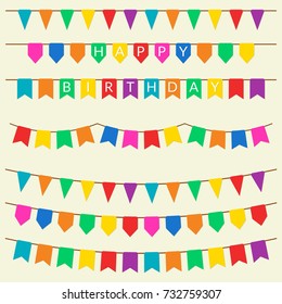Festive flag set. Bunting flags, garland and pennants collection. Holiday, birthday, festival decoration. Vector illustration.
