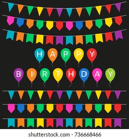 Festive flag set for party decoration. Bunting flags and pennants with colorful balloons. Vector illustration.