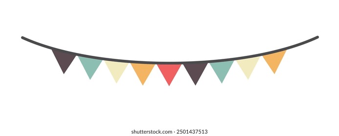 Guirnalda de banderas festivas, Ilustración vectorial de cinta. Bandera triangular, enrollada en un estilo plano simple, sobre un fondo blanco. Carnaval, cumpleaños, decoración de diseño de fiesta de circo.