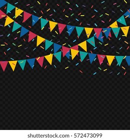 Festive flags and confetti. Carnival party. Garland of colour flags and confetti. Holiday background