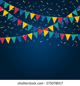 Festive flags and confetti. Carnival party. Garland of colour flags and confetti. Holiday background